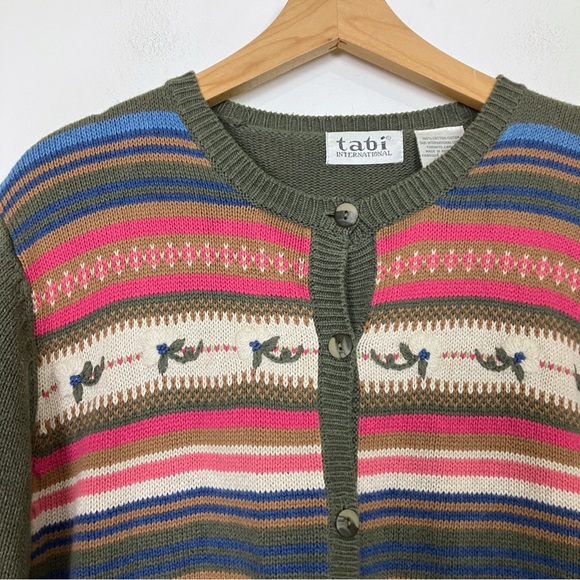 Vintage cottagecore granny cardigan knit green striped cotton multi colour - Picture 3 of 7